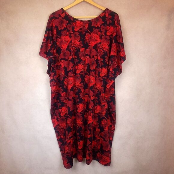 Ellos Black Red Floral Short Sleeve Dress Tunic Size 26/28 2X - Picture 1 of 7